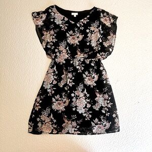 Lined Black Pink Floral V Neck Dress with Flared Short Sleeves